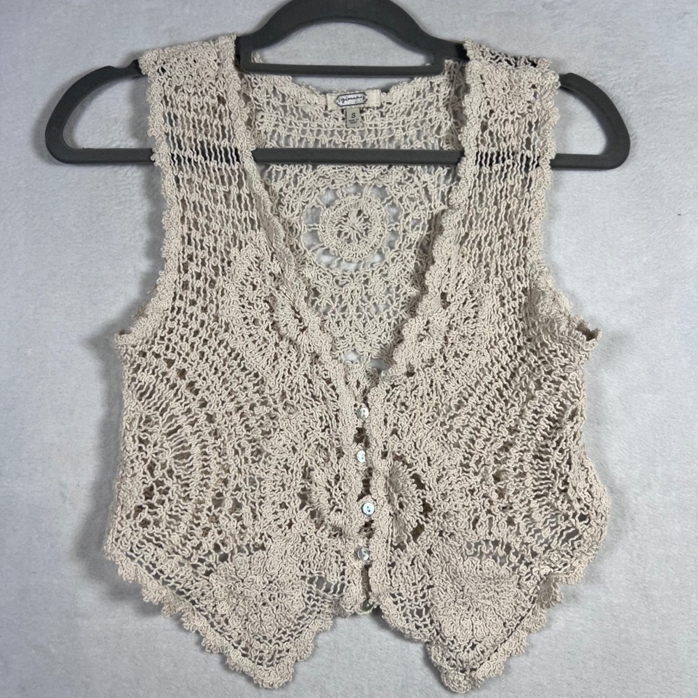 Gimmicks by BKE Crochet Vest Cream Beige Boho Button Front Open Knit Small Y2K